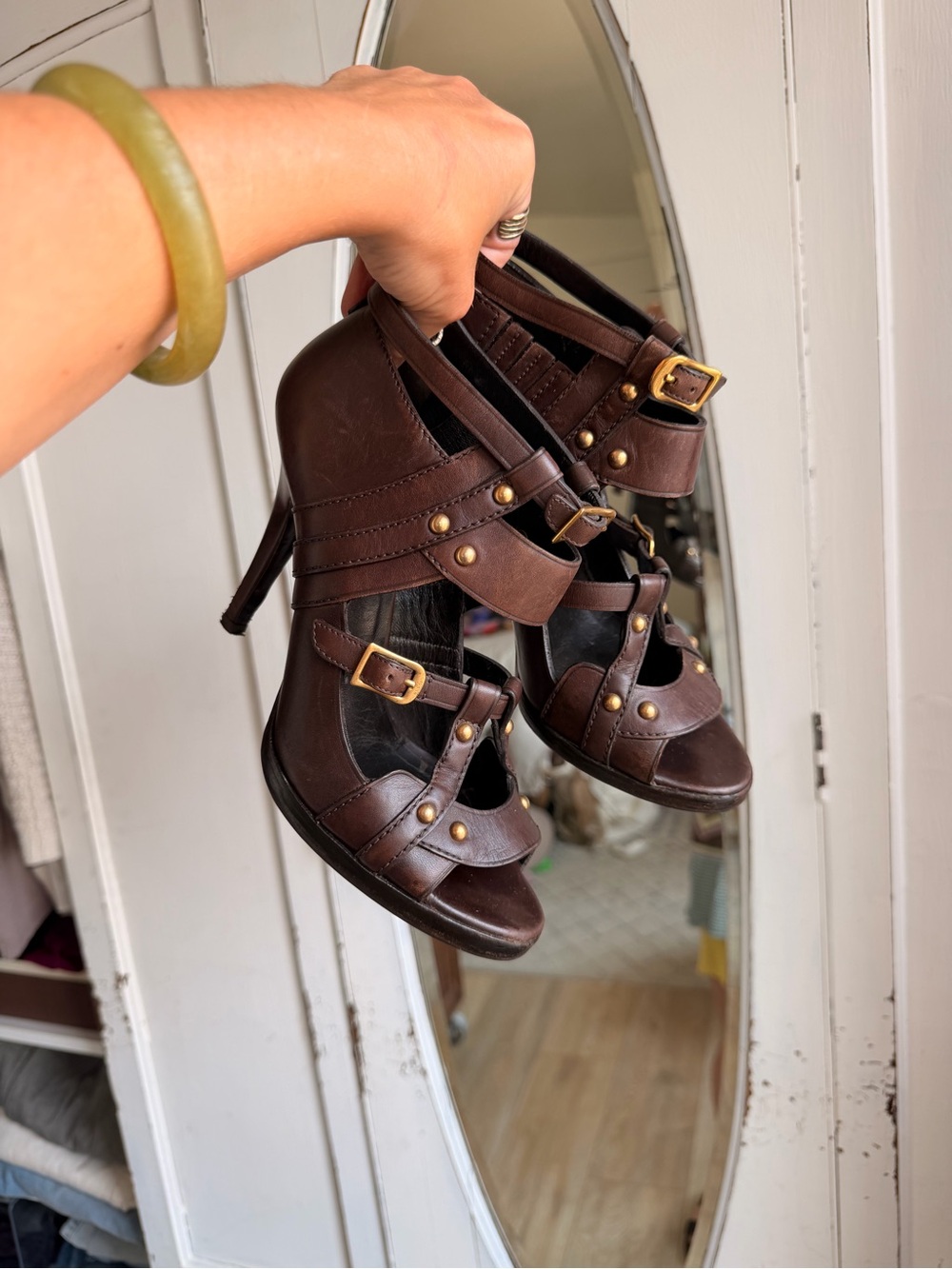 Gucci Dark Brown Leather Strappy High Heel Sandals with Gold Hardware